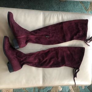 Maroon over the knee zip and tie boots